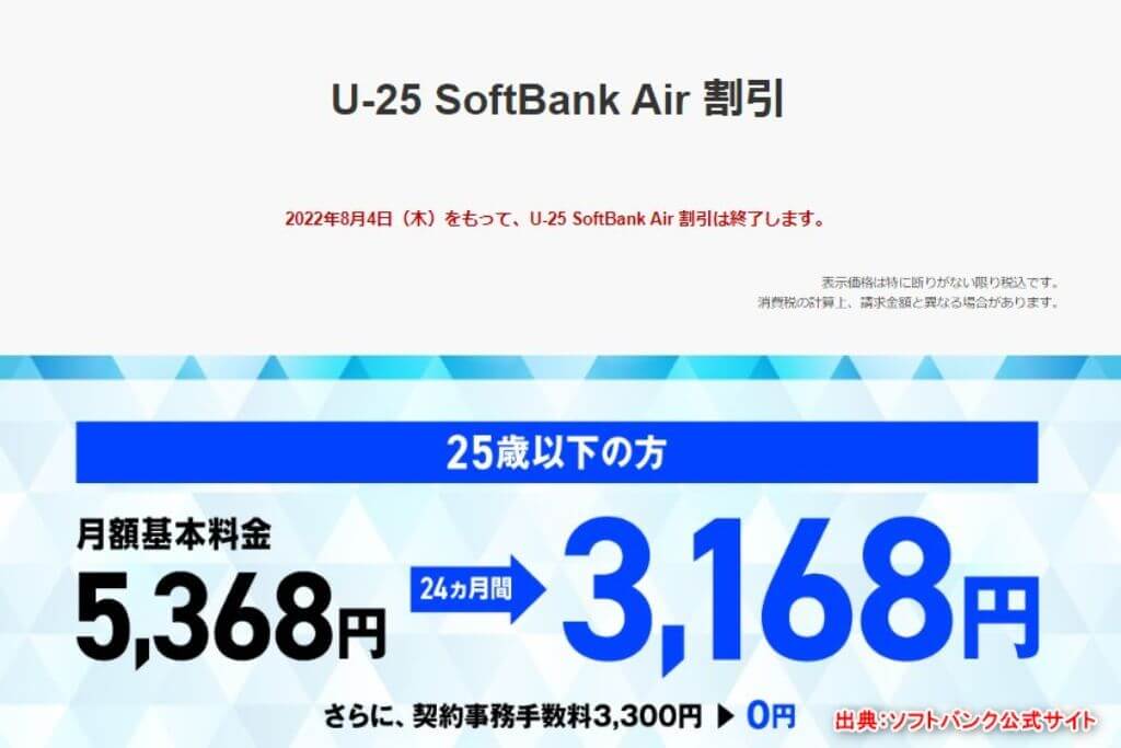 2022年8月4日終了　U-25 SoftBank Air 割引キャンペーン