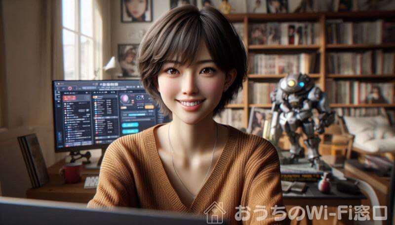 若い女性が部屋の中で、PCを使ってRakuten Turbo経由でインターネット検索している