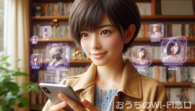 若い女性が部屋の中で、スマートフォンを使ってRakuten Turbo経由でインターネット検索している