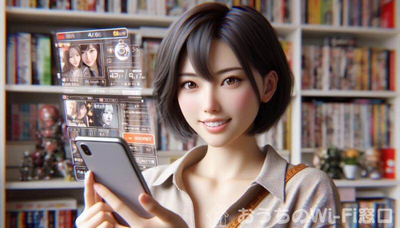 若い女性が部屋の中で、スマートフォンを使ってRakuten Turbo経由でインターネット検索している