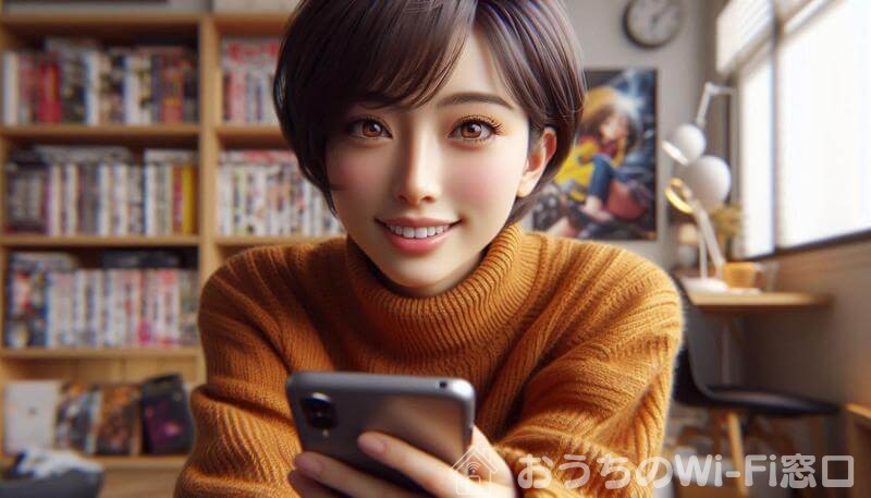 若い女性が部屋の中で、スマートフォンを使ってRakuten Turbo経由でインターネット検索している