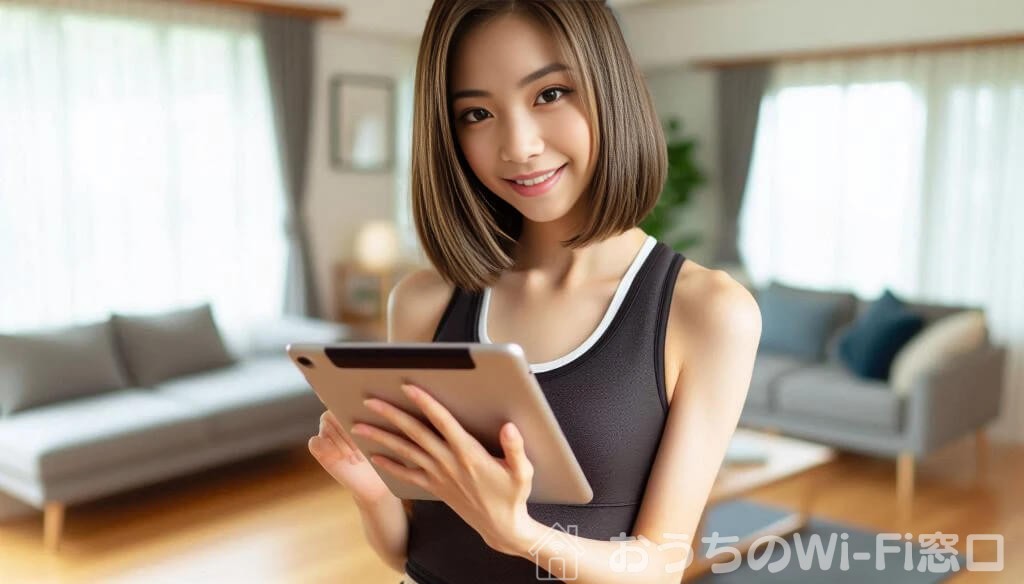 一人暮らしのマンションでiPadでインターネット検索している美しい日本人女性