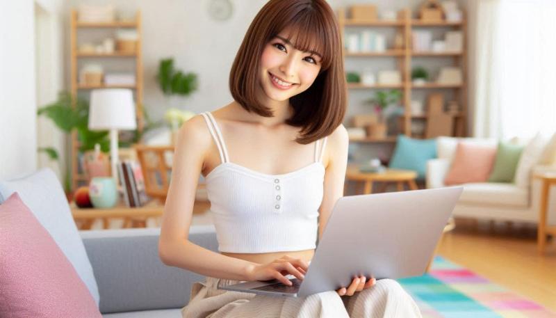 リビングでMacBookを使ってインターネットを楽しむ美しい日本人女性