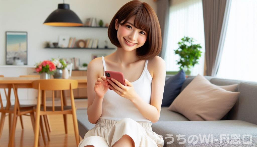 リビングでiPhoneを使ってインターネットを楽しむ美しい日本人女性