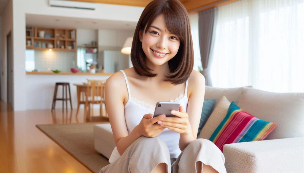 リビングでiPhoneを使ってインターネットを楽しむ美しい日本人女性