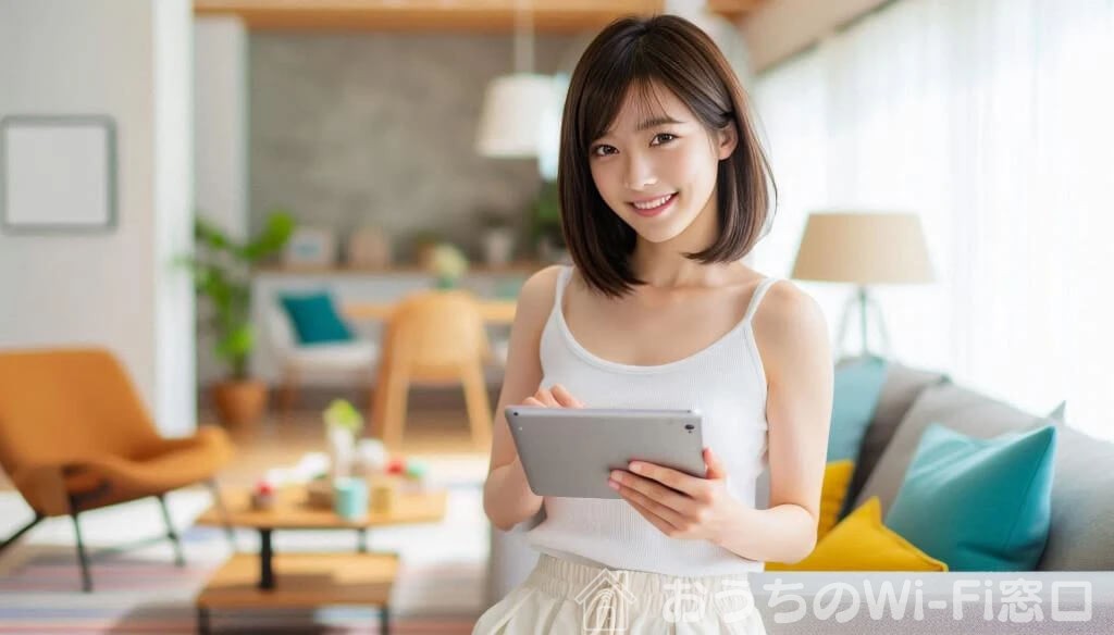 リビングでiPadを使ってインターネットを楽しむ美しい日本人女性