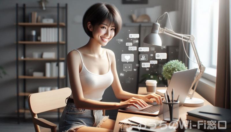 自宅でMacBookを使ってインターネットを楽しむ美しい日本人女性