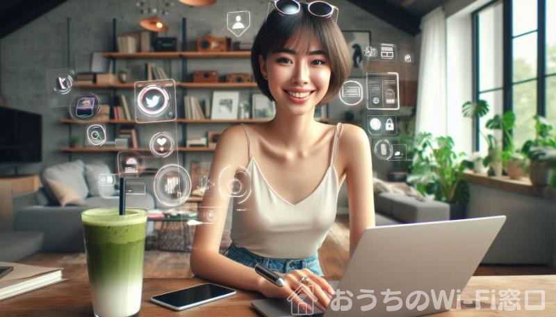 自宅でMacBookを使ってインターネットを楽しむ美しい日本人女性