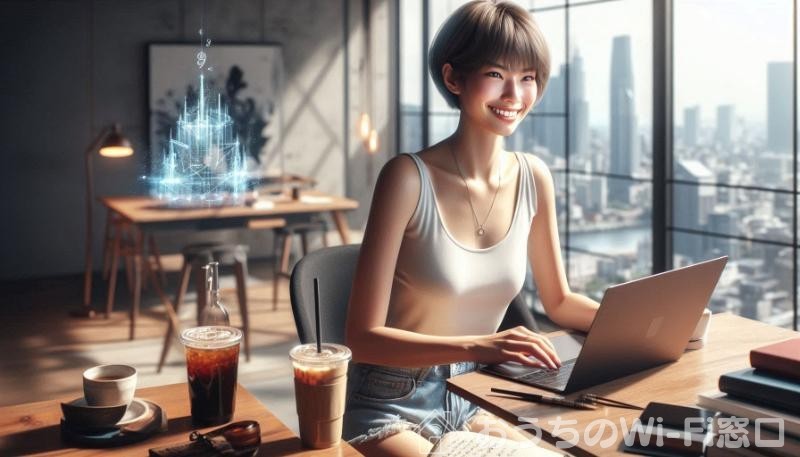 自宅でMacBookを使ってインターネットを楽しむ美しい日本人女性