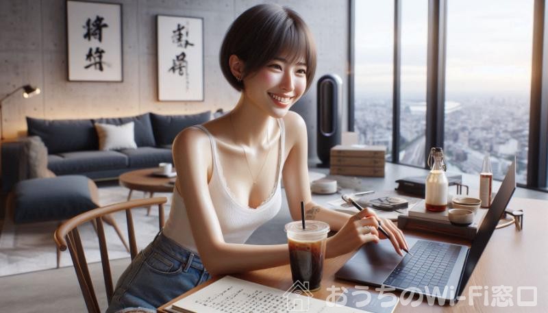 自宅でMacBookを使ってインターネットを楽しむ美しい日本人女性