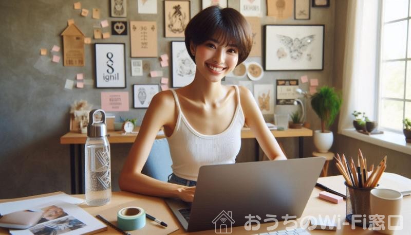 自宅でMacBookを使ってインターネットを楽しむ美しい日本人女性