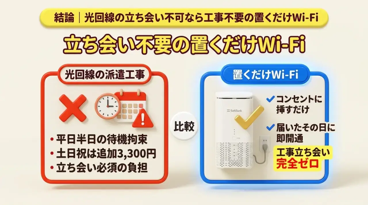 結論|光回線の立ち会い不可なら工事不要の置くだけWi-Fi