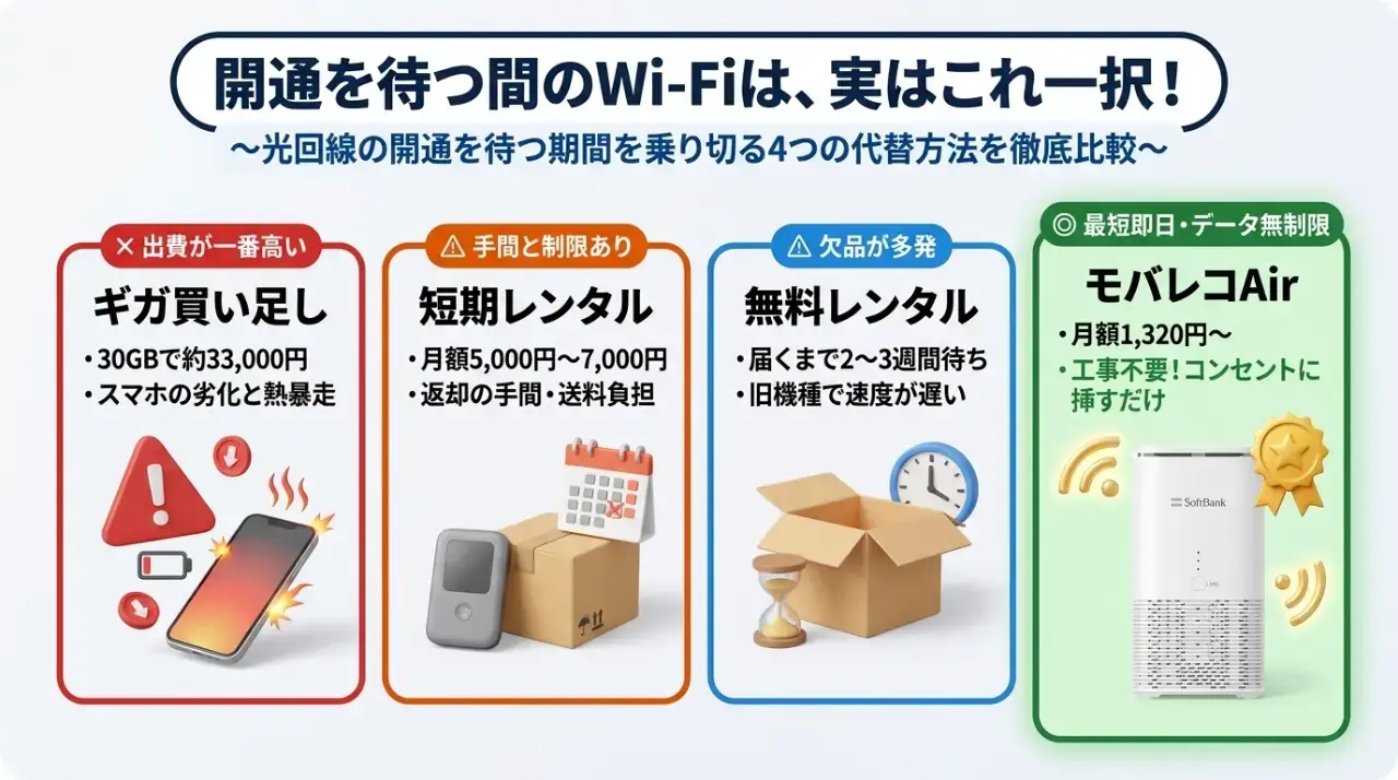 光回線の開通待ち期間をつなぐ4つの代替手段を徹底比較