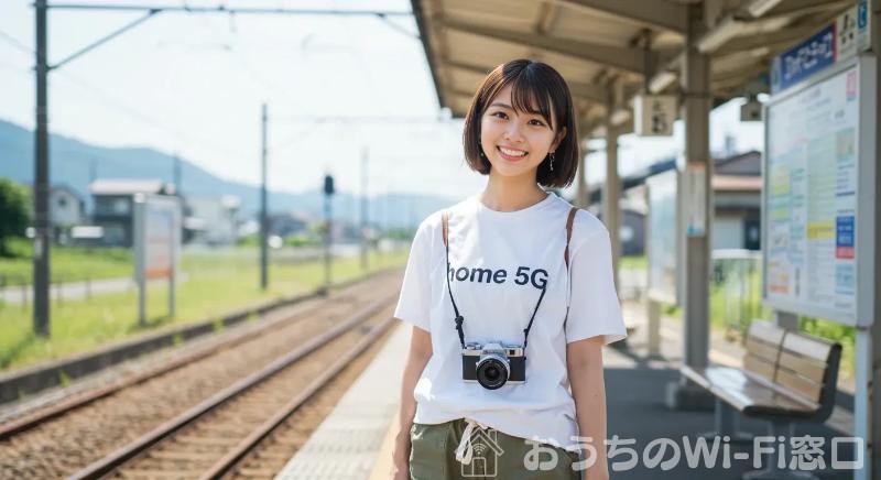 home 5Gのロゴ付きTシャツを着て、駅のホームで立っている若い日本人女性