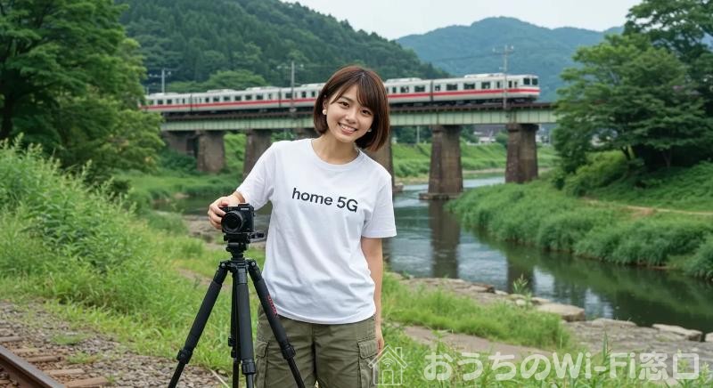 home 5Gのロゴ付きTシャツを着て、川辺で電車を撮影している若い日本人女性