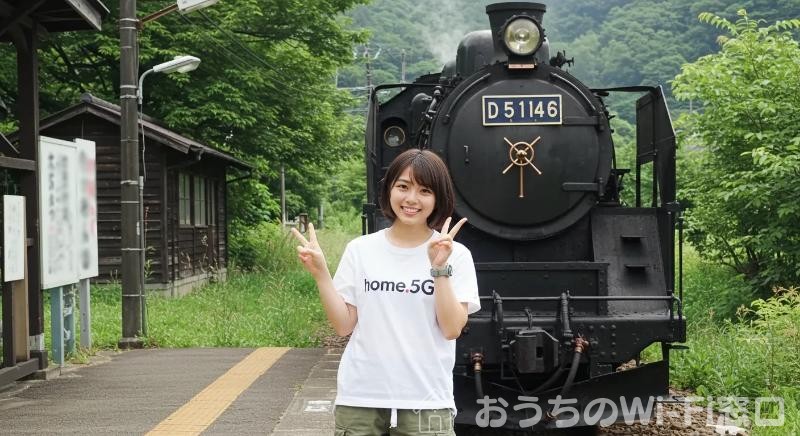 home 5Gのロゴ付きTシャツを着て、SLの前でピースサインをしている若い日本人女性