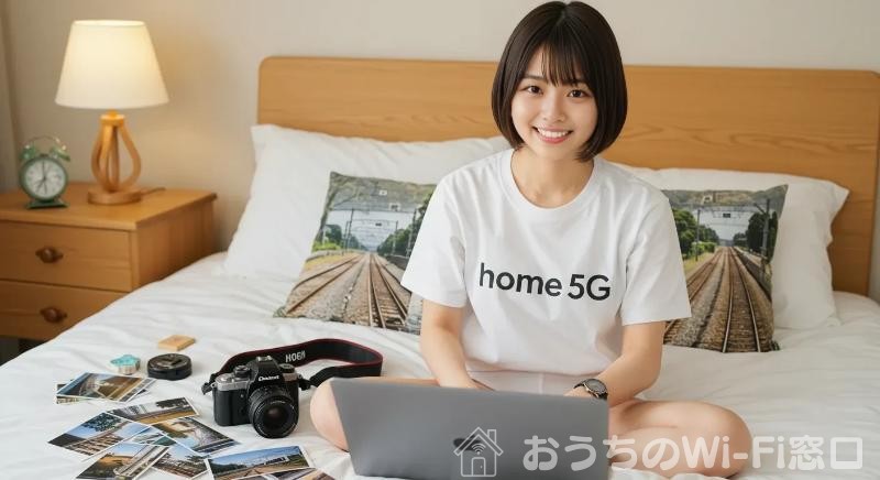 home 5Gのロゴ付きTシャツを着て、鉄道旅行の写真を整理している若い日本人女性