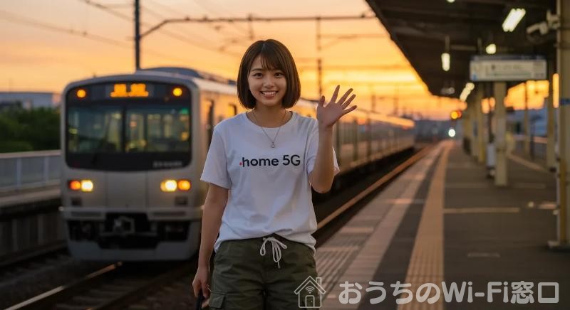 home 5Gのロゴ付きTシャツを着て、駅のホームで立っている若い日本人女性