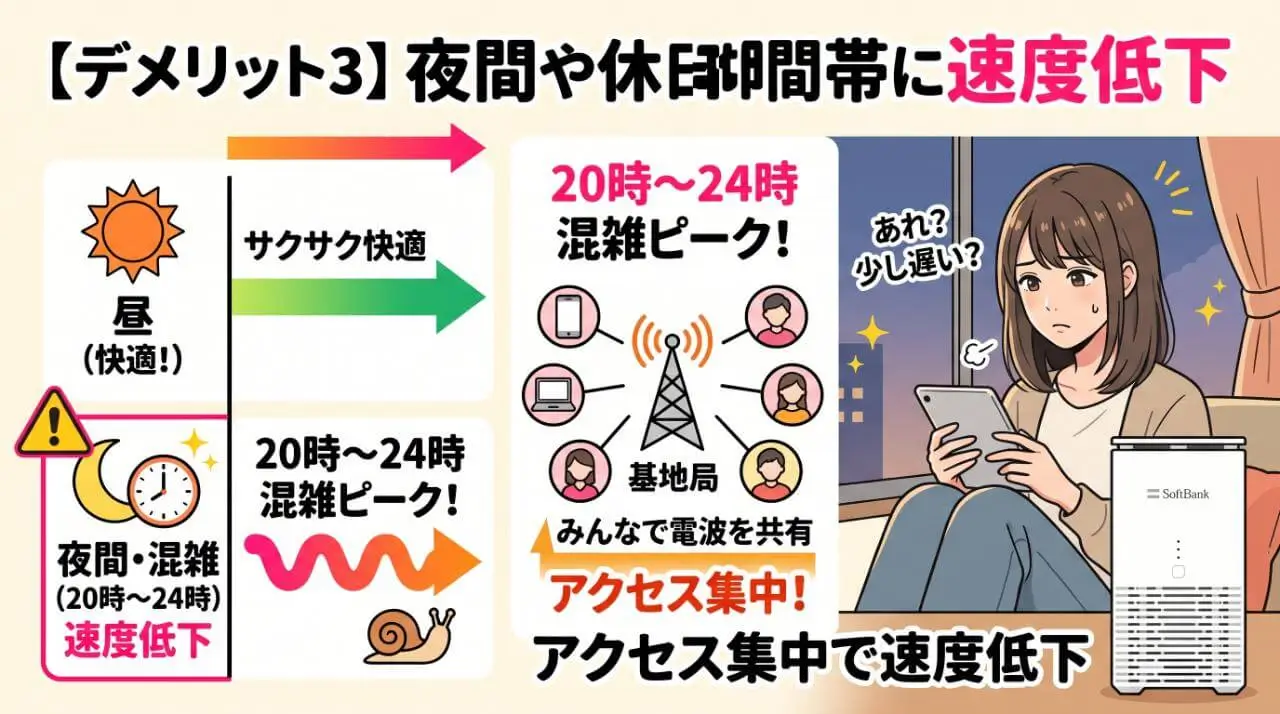 【デメリット3】夜間や休日の混雑時間帯に通信速度が低下しやすい