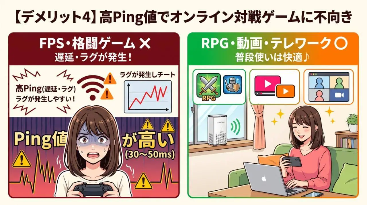 【デメリット4】Ping値が高くシビアなオンライン対戦ゲームには不向き