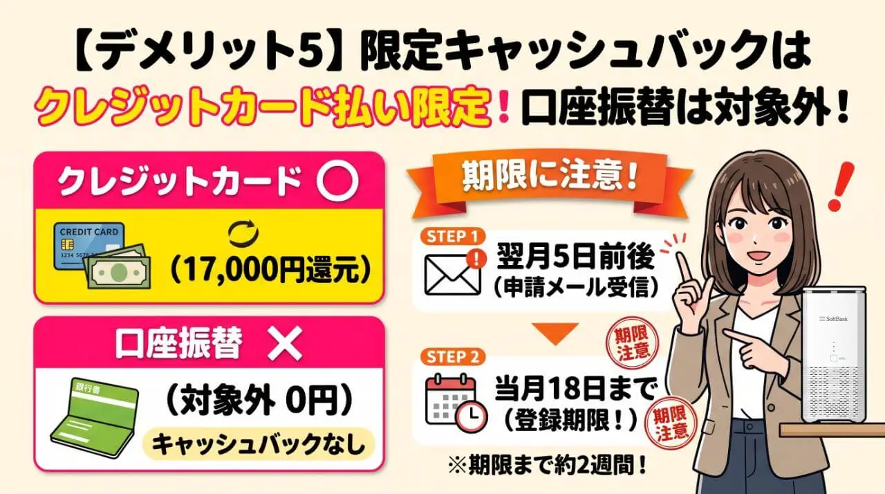 【デメリット5】限定キャッシュバックは「クレジットカード払い」限定(口座振替は対象外)