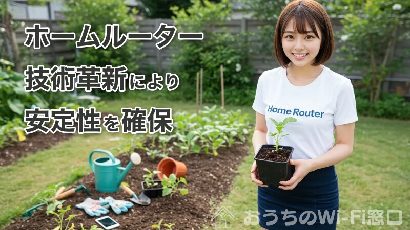 "Home Router"のロゴ付きTシャツを着て、家庭菜園をしている若い日本人女性