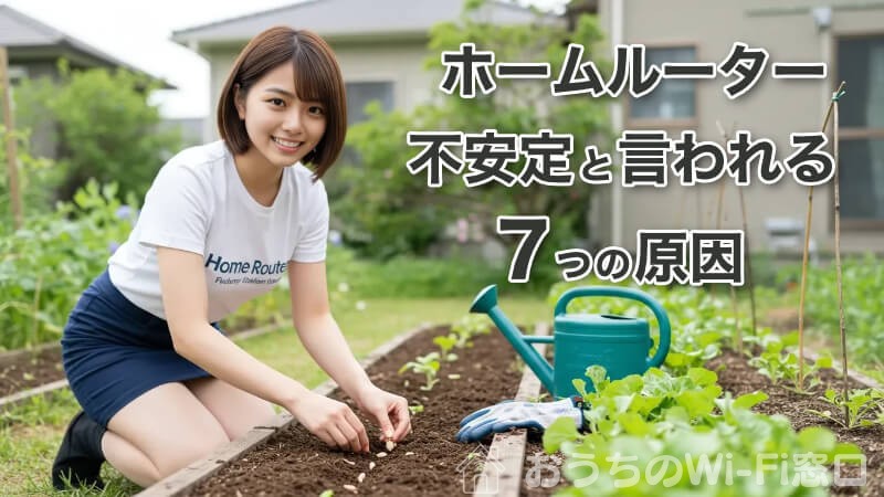 "Home Router"のロゴ付きTシャツを着て、家庭菜園をしている若い日本人女性