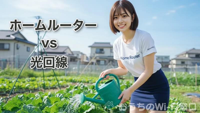 "Home Router"のロゴ付きTシャツを着て、家庭菜園をしている若い日本人女性