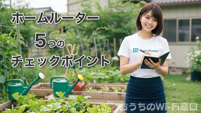 "Home Router"のロゴ付きTシャツを着て、家庭菜園をしている若い日本人女性