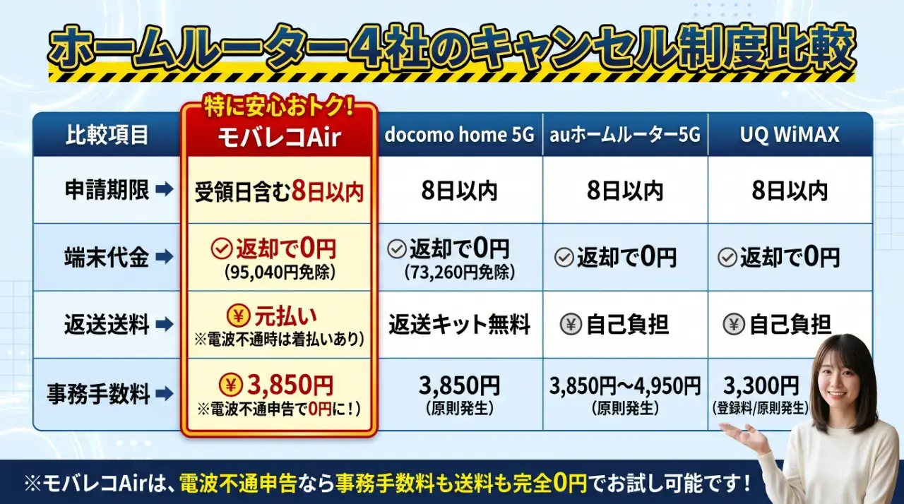 主要ホームルーター各社における初期契約解除の制度比較表