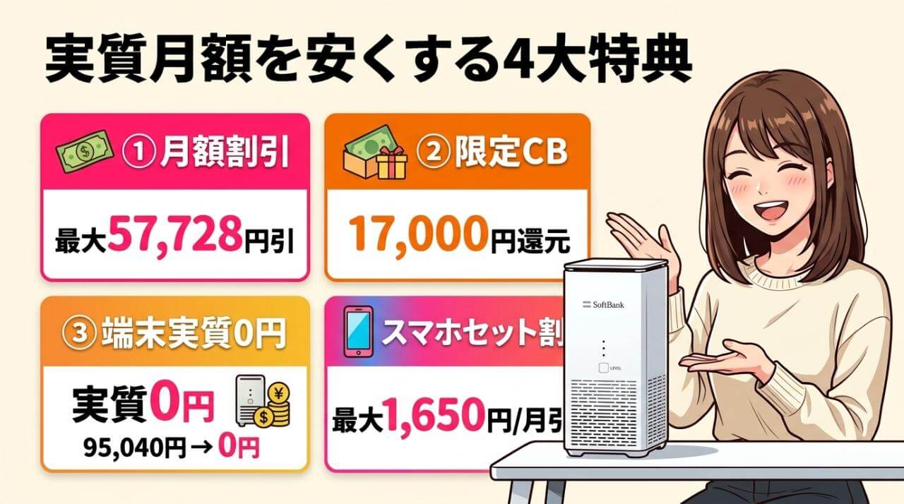 2. モバレコAirの実質月額を安くする4大特典の内訳と適用ルール