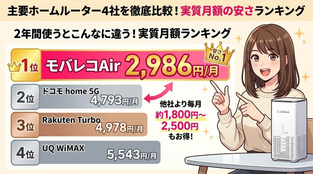 主要ホームルーター4社を徹底比較!実質月額の安さランキング