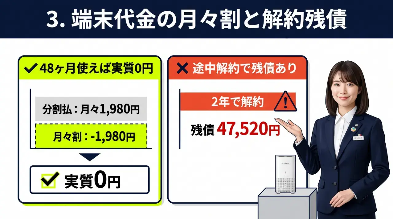 端末代金の月月割と途中解約残債！48回分割の実質無料を解説