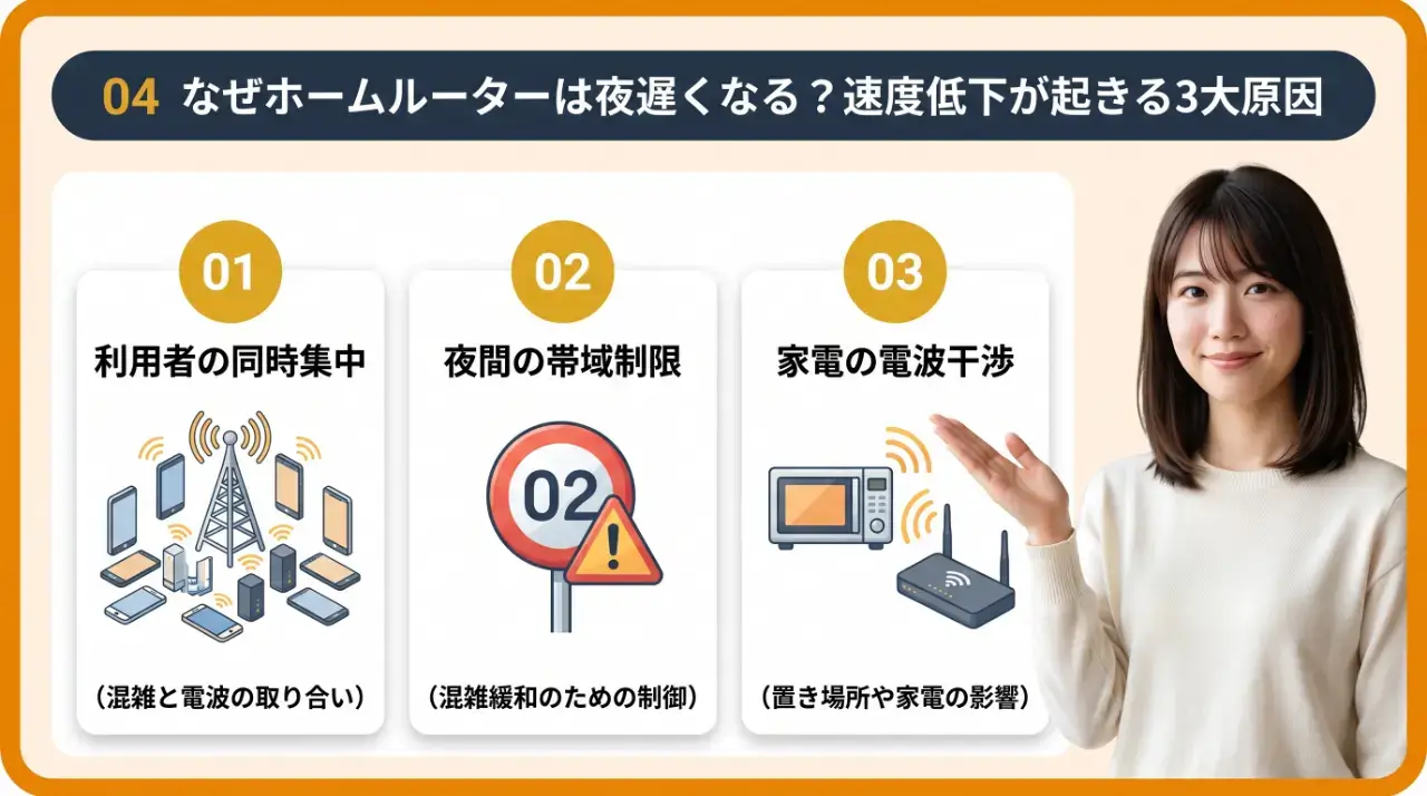 なぜホームルーターは夜遅くなる?速度低下が起きる3大原因
