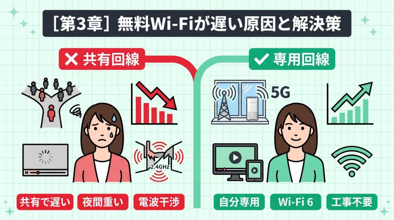 アパートの無料Wi-Fiで動画が止まる原因とモバレコAirで解決できる理由