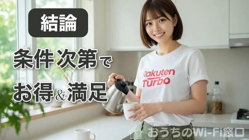 「Rakuten Turbo」のロゴ付きTシャツを着て、自宅での休日を過ごしている若い日本人女性