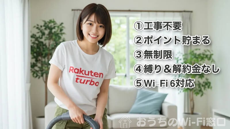 「Rakuten Turbo」のロゴ付きTシャツを着て、自宅での休日を過ごしている若い日本人女性