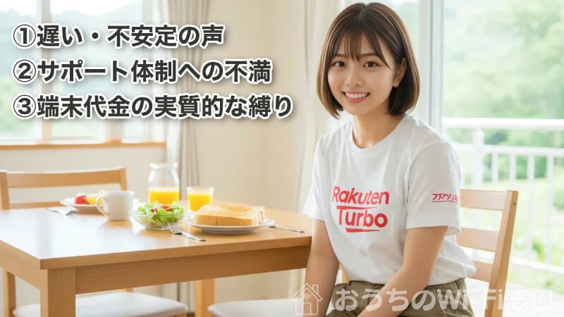 「Rakuten Turbo」のロゴ付きTシャツを着て、自宅での休日を過ごしている若い日本人女性