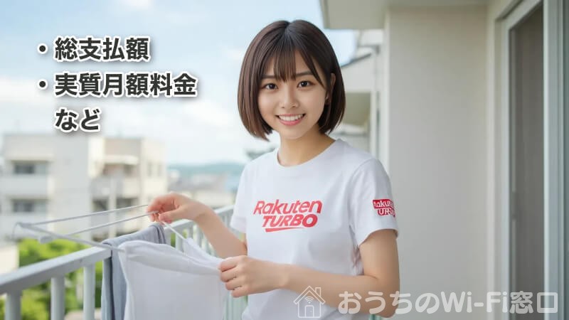 「Rakuten Turbo」のロゴ付きTシャツを着て、自宅での休日を過ごしている若い日本人女性