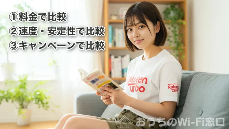「Rakuten Turbo」のロゴ付きTシャツを着て、自宅での休日を過ごしている若い日本人女性