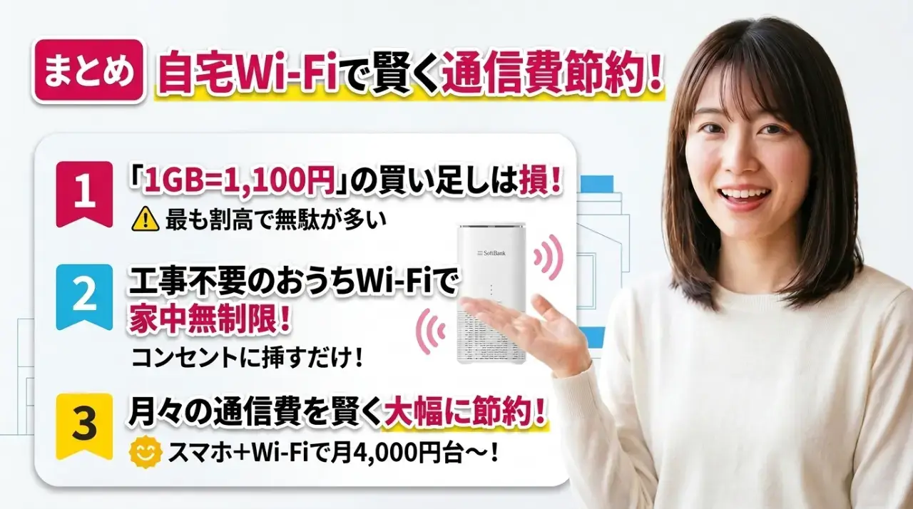 まとめ|ギガ買い足しをやめて自宅Wi-Fiで賢く通信費節約