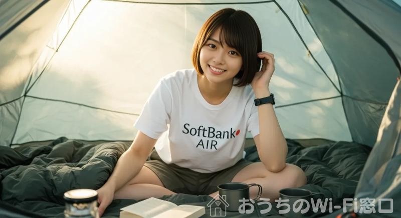 SoftBank Airのロゴ付きTシャツを着て、テントの中でくつろいでいる若い日本人女性