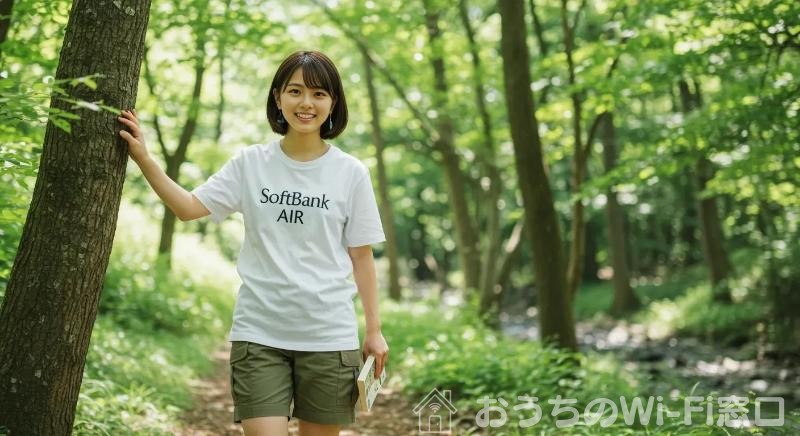 SoftBank Airのロゴ付きTシャツを着て、森を散歩している若い日本人女性