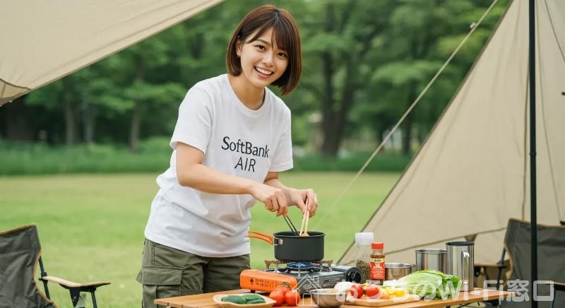 SoftBank Airのロゴ付きTシャツを着て、キャンプ飯を作っている若い日本人女性