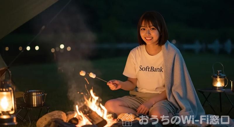 SoftBank Airのロゴ付きTシャツを着て、キャンプ飯を食べている若い日本人女性
