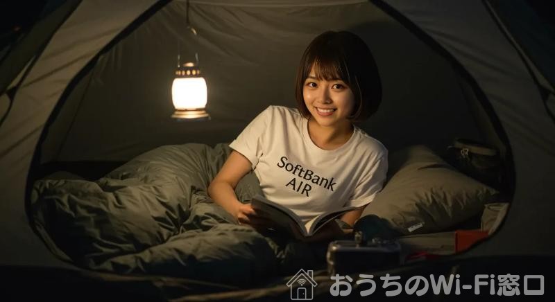 SoftBank Airのロゴ付きTシャツを着て、テントの中でくつろいでいる若い日本人女性