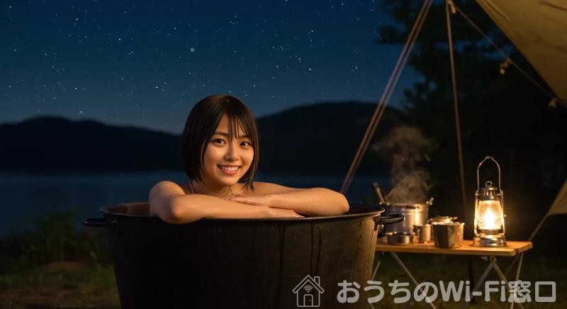 初めてのひとりキャンプでドラム缶風呂に入っている若い日本人女性