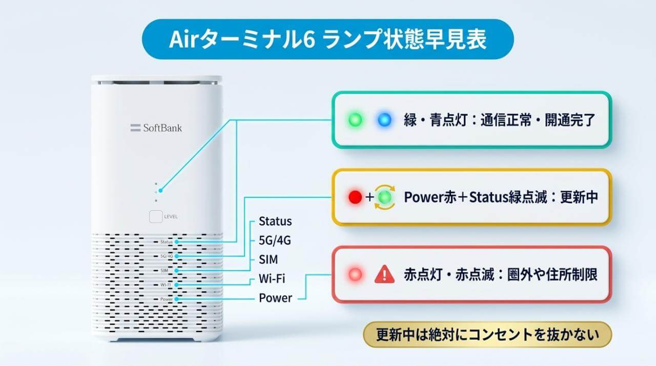 Airターミナル6のランプの意味！緑や青と赤点滅の早見表