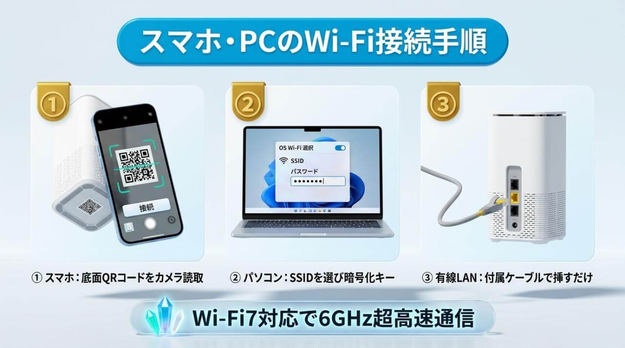 緑や青の点灯後にスマホやPCをWi-Fi接続する簡単手順