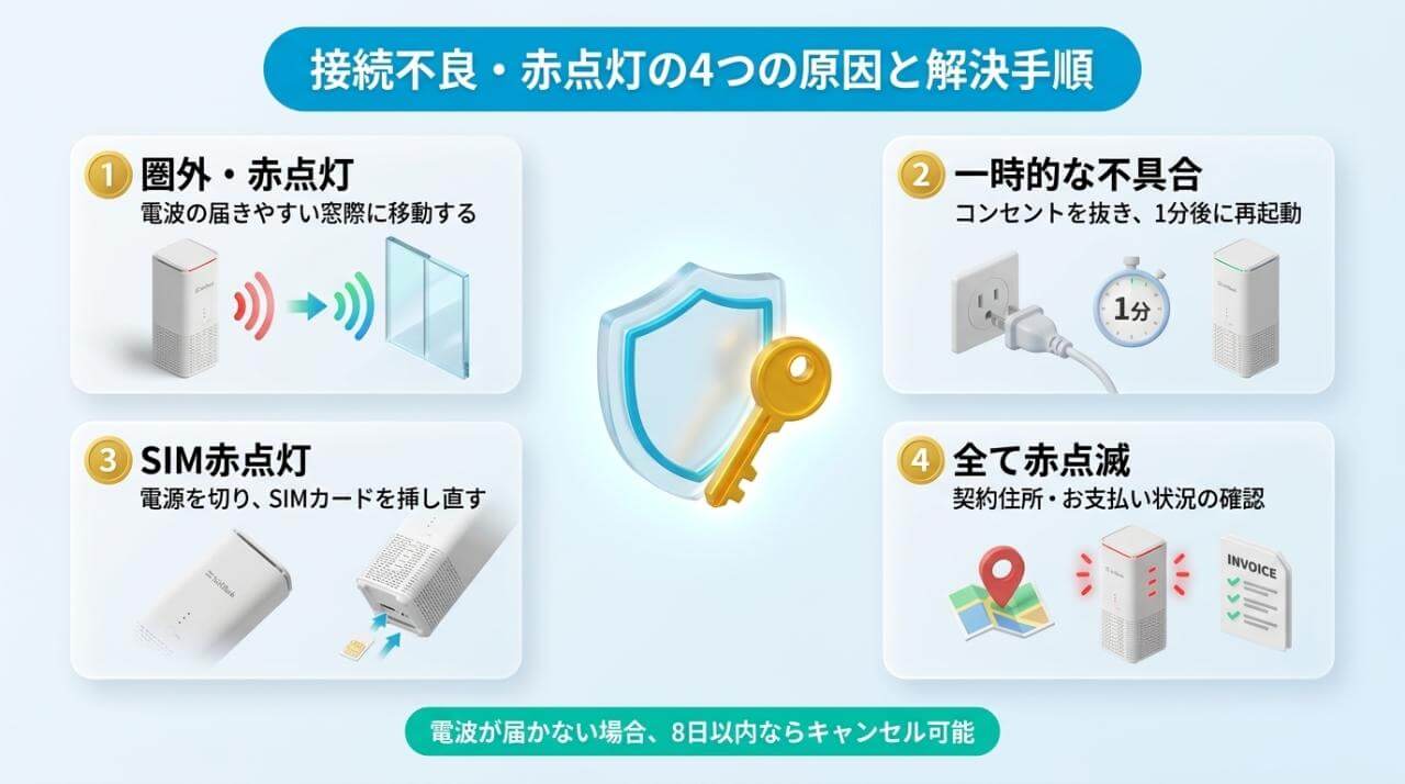 赤ランプ点灯や点滅で繋がらない時の5つの原因と解決手順